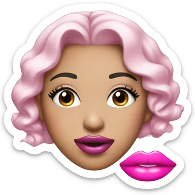 a smile with big lips with pink lipstick and lipgloss on it, also with closed eyes, large lashes and hands with long pink nails sticker