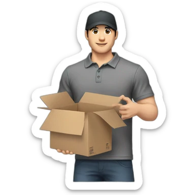 Pale skinned fit Man with black hair in a gray cap and dark gray polo T-shirt keeping a box into his hands sticker