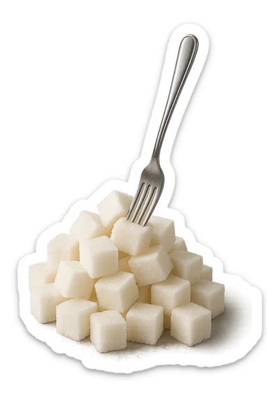 monagna di zollette di zucchero con una forchetta appizzata sopra, iperrealistico 4k sticker