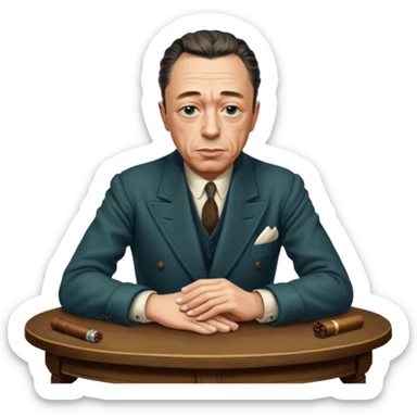 Albert Camus with a small cigar between his fingers, and with his both arms folded together loosely on the antic table. He looks chic, intellectual, philosophical, yet not so serious, thus so having fatal charm and attractive. His posture looks relaxed.  sticker