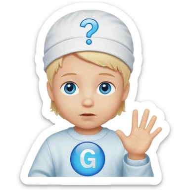Caucasian blond hair blue eyed baby with a genius sign over it’s head sticker