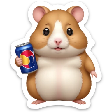 Funny cartoon-style fat hamster wide eyed with a can of redbull sticker