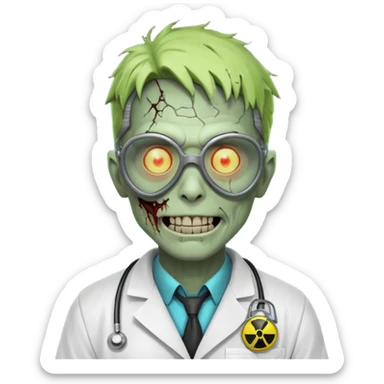 radioactive zombie scientist portrait, head and shoulders only, glowing toxic veins, cracked goggles, lab coat with radiation badge, sinister smile, 3D cartoon, mobile game icon style, clean background, no text, no watermark
 sticker
