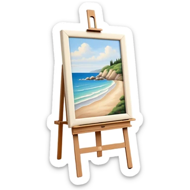 Cinematic Realistic image of a pristine canvas mounted on a sturdy wooden easel, with the canvas’ smooth surface and the easel’s detailed grain rendered in soft natural light, evoking a quiet moment of creative anticipation sticker