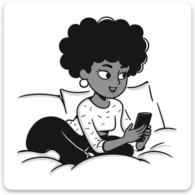 Brown-skinned teenage girl with curly black hair lying on bed looking at cellphone, heavy makeup, big lips, tight crop top, hoop earrings, choni style urban clothing sticker