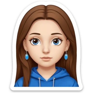 teen girl, white skin, long brown hair middle parted, brown eyes, blue hoodie eyelashes and earrings sticker