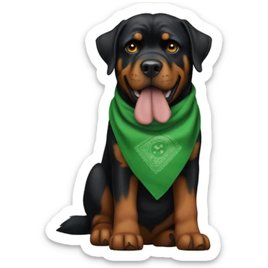 Rottweiler wearing green bandana with a tall skinny male owner that has long curly auburn hair wearing skinny jeans and a T shirt with an eyeball sticker