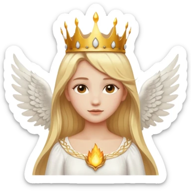 Emoji-style angel: blonde hair, golden flame-like crown, golden halo, large detailed white wings, white dress, soft cute emoji aesthetic. sticker