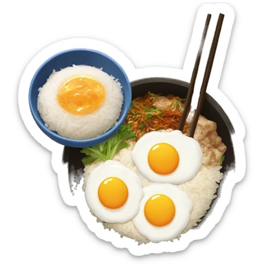 traditional korean dish with rice, one egg on top and salas  sticker