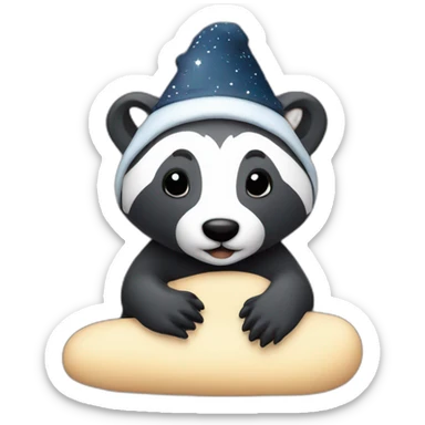 Badger with a nightcap on in a bed with sky full of stars sticker