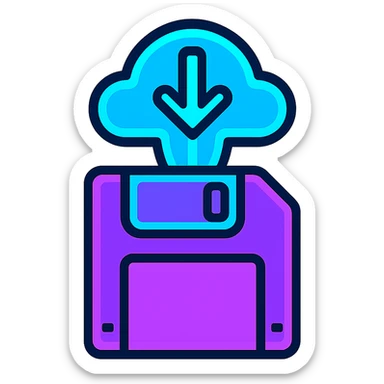 save icon (floppy disk or cloud with down arrow), futuristic holographic look, purple and cyan neon lines sticker