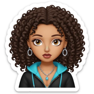 pretty bratz baddie, dark brown curly head, tan skin, nose piercing sticker