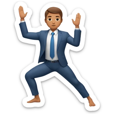 male professional in suit and tie holding Warrior II yoga pose sticker