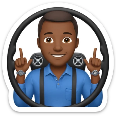 ["Black male driver, wearing a blue shirt, hands on steering wheel."] sticker