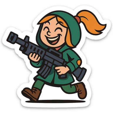 funny, positive stalker girl with a huge machine gun, smiling and energetic sticker