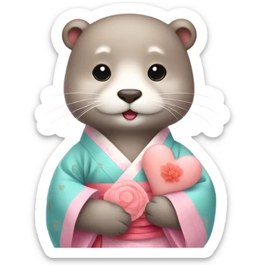 A cute and lovely otter dressed in pastel-colored traditional Korean hanbok, holding a coral-pink heart sticker