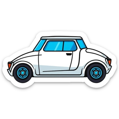 Futuristic retro hover car with angular design and glowing blue wheels, flat vector style, minimal color palette with blue highlights sticker