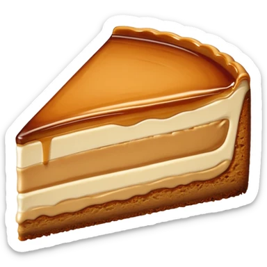 a slice of cheesecake. The base is made of light brown biscuit; the first layer of filling is caramelized dulce de leche, and the upper layer is creamy, light beige, and has a smooth texture. On top, there is a caramelized dulce de leche topping dripping down the center of the slice sticker