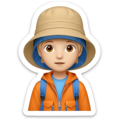 A little student with beige bucket hat, orange jacket, blue backpack sticker