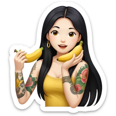 Beautiful Asian girl with long black hair and body tattoos eating a banana sfw sticker