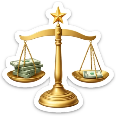 A balanced scale with dollar bills on the left side and three stars on the right side sticker