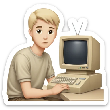 Young man sitting at a very old desktop computer from the 1990s with CRT monitor and beige tower sticker