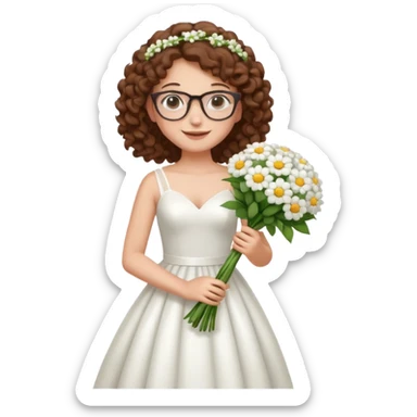 Chica blanca, pelo rizado y castaño,gafas, vestido novia, cuerpo entero, sticker