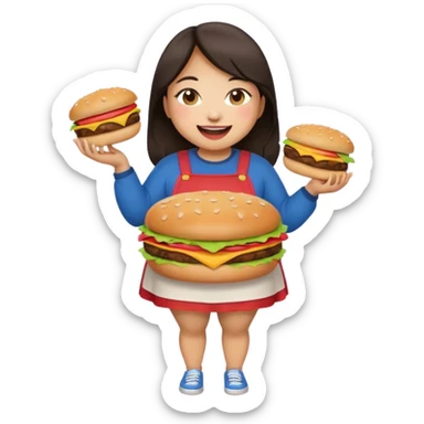 n create a humongous asian girl with 2 burgers and a cookie in her mouth, she is super fat, please make her a full body emoji sticker