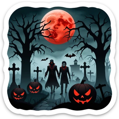 Icon for Horror Movies: A chilling collage with a monstrous werewolf or vampire, dark silhouettes, eerie graveyards, and creepy elements like spiders and tombstones. Ghostly fog surrounds, with a blood-red moon in the sky. The atmosphere is unsettling, eerie, and haunting. Transparent background. sticker
