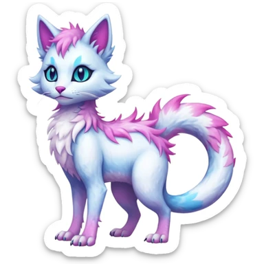 Kawaii white iridescent edgy fantasy feline-vernid-sergal-fursona animal creature with a tufted tail full body with intricate markings  sticker