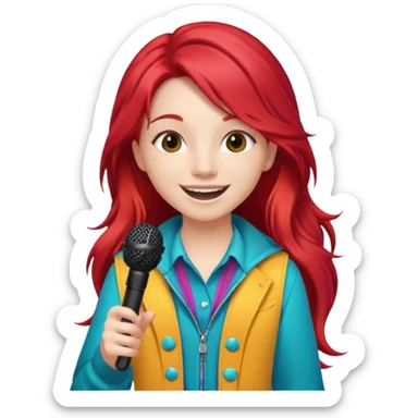 A red long hair cheerful teen singer with colorful outfit, singing with big smile with her microphone
 sticker
