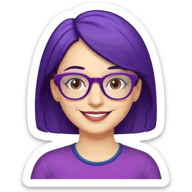 Cartoon 50-year-old youthful woman with purple glasses, brown eyes, and dark blue (not purple) hair to her shoulders. sticker