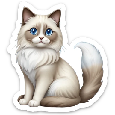 Cinematic-Seal-Ragdoll-Cat-Realistic-Full-Body-Sitting-Emoji – Tail curled playfully around its paws, head tilted dramatically, fluffy brown-and-white fur with darker seal points, simplified yet realistic focused features, highly detailed, glowing with an almost sarcastic glow, piercing blue eyes radiating elegance and charm. sticker