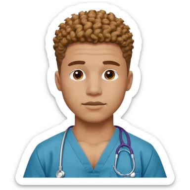 Ripped, athletic man with thick neck, high top fade with no part, curly hair only top only, and show waistline up, add scrubs, man face sticker