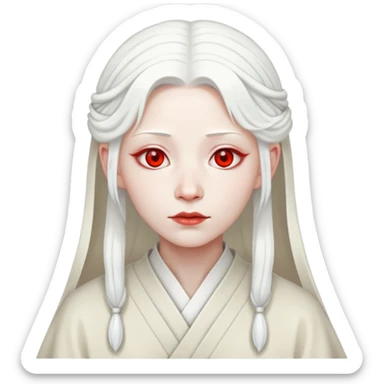 forty year old albino shrine maiden with white hair, red eyes, and pale face sticker