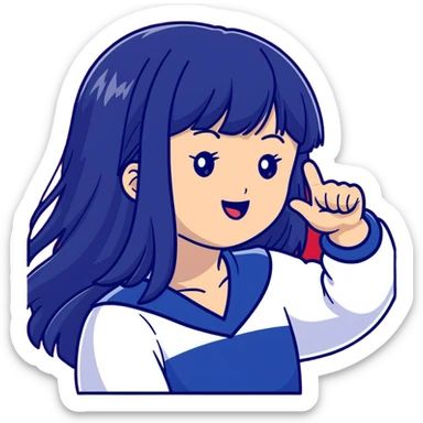 East Asian woman with long black straight hair and bangs wearing navy and white Doosan Bears team colors, cheering sticker
