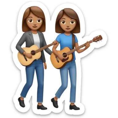 based on emoji style, two people walking together. one is brown-haired woman, wearing business casual, holding a guitar. Another one is a non-binary person, wearing t shirt and jeans, and the second person doesn't have anything on their hands. sticker