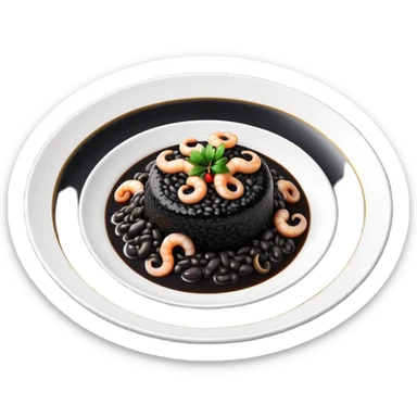 cinematic-realistic-black-risotto-dish-emoji,-showcasing-small squid pieces in black sauce -rendered-with-bold-textures-and-dynamic,-dramatic-lighting in a white plate sticker