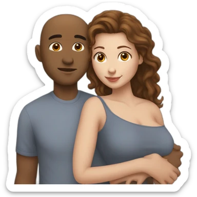 A mixed race man with very little hair kissing a white woman with brown hair short, Who embrace each other tenderly sticker