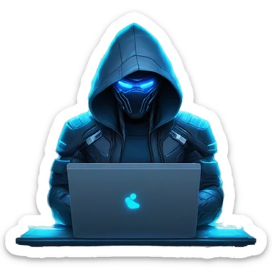 Hacker behind his laptop with this style : crysis Cyberpunk Valorant neon glowing bright blue character blue black hooded assassin themed character sticker