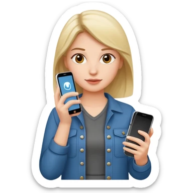 woman casual clothes holding one phone sticker