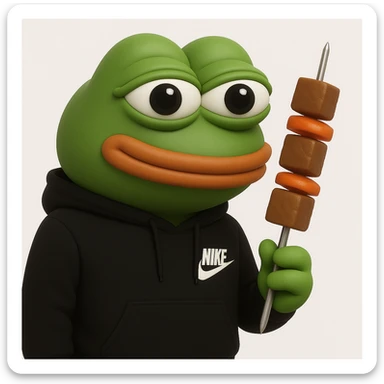 Pepe the Frog in 3D green style holding skewers (shashliks) instead of a bottle, on a white background sticker