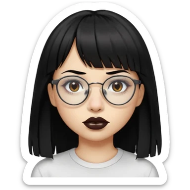 uma mulher snapchat icon, cor da pele normal, cabelo preto liso solto grande com franja vegana, curta, óculos pretos, com piercing na boca e nariz, olhos castanhos, camisa branca, a tela de fundo branca, coloque um piercing, um metal na boca e no nariz, cicatriz na sobrancelha, cor da boca preto,  sticker