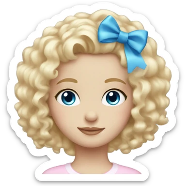 Soft blond curly girl white skin blue eyes in light pink bow sticker