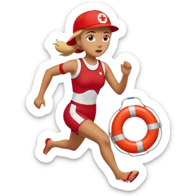 Female lifeguard – red cap, running along shore with rescue buoy sticker
