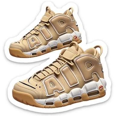 A pair of beige Nike Air More Uptempo sneakers in iOS emoji style, with left and right shoes positioned with one slightly behind the other, featuring minimalist design with the iconic AIR lettering on sides sticker