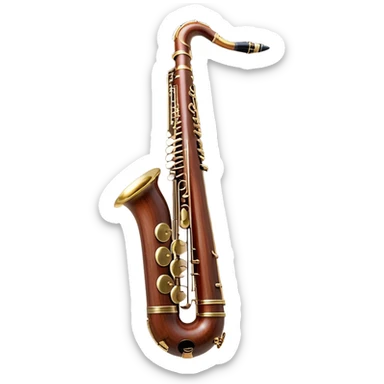 Create an elegant and detailed emoji representing a professional bassoon. The design should feature the sleek wooden body of the bassoon with its rich wood tones, showing the intricate keywork and metal springs. The metal tubing of the instrument should be clearly visible, with polished brass accents. Highlight the bell and the distinctive, curved shape of the instrument. The mouthpiece and reed should be visible at the top, emphasizing the functional details. Use warm wood tones like dark brown, with gold and brass accents for the keys and fittings. Add soft musical notes or soundwaves to represent the deep, resonant sound of the bassoon. The background should be transparent. sticker