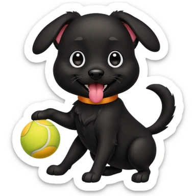 Cute emoji-style illustration of a happy black dog playing with a tennis ball, shiny black fur, joyful expression with tongue out, big expressive eyes, playful pose, vibrant colors, smooth clean lines, high resolution, sticker-style, transparent background sticker