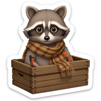 A raccoon with worn-out scarf, sitting next to a tiny box of collected belongings, staring curiously with round sad eyes.
 sticker
