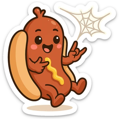 Edit the image so that the web is coming out of the hot dog's head instead of the tip. Keep the pose playful and dynamic with no background. sticker